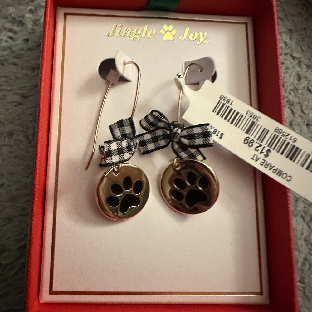 Jingle and Joy Paw print Bow earrings goldtone nwts